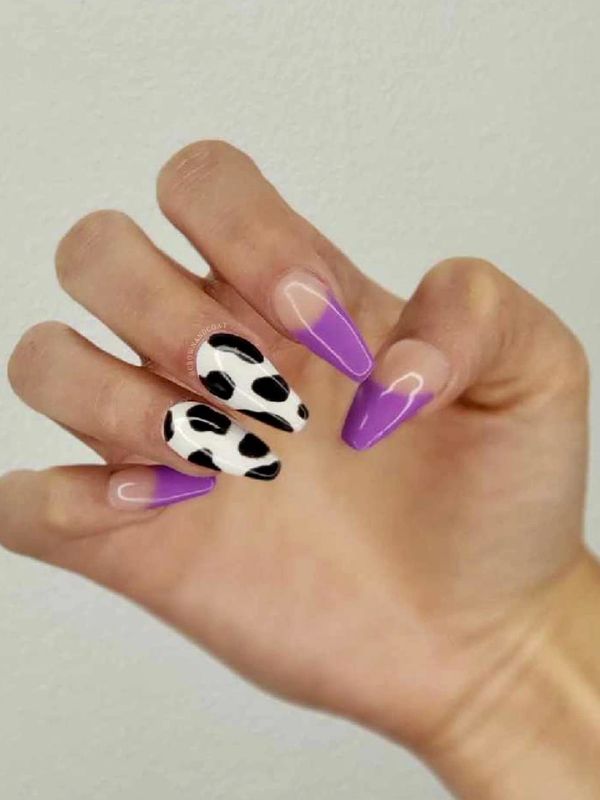 hand-painted cow print nail art, acrylic nails