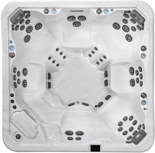 7 Person Hot Tub with White Platinum Acrylic and 67 theraputic jets, LED lighting and a waterfall.