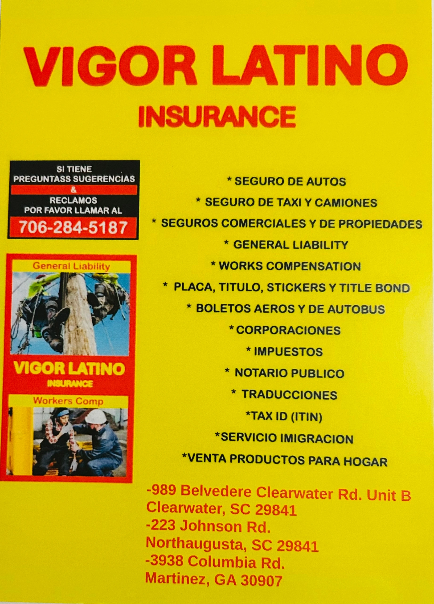Vigor Latino Insurance offers various insurance and immigration services in Spanish with multiple locations in SC and GA.