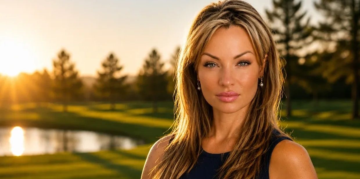 Woman with blonde hair posing outdoors at sunset near a pond and trees.