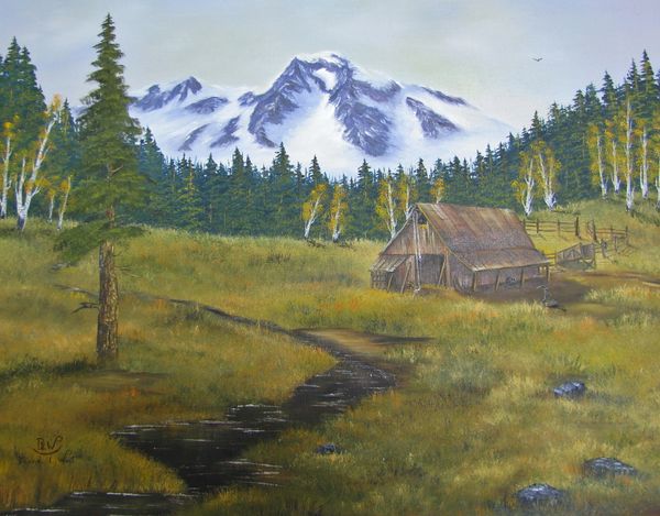 Oil painting of Mt Rainier and cabin by Duane L. West.