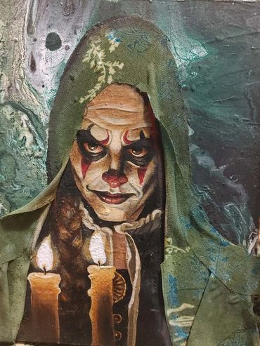A hooded clown on a poured background