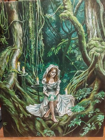 A clown bride sits deep in the jungle.