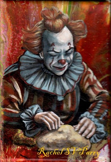 A clown kneading dough in front of a fiery coloured background.