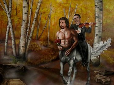 John Oliver playing "Crush my fingers into peanut brittle you sexy birch" on viola, side-saddle atop