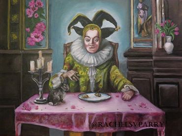 A clown eating bugs with his bunny friend