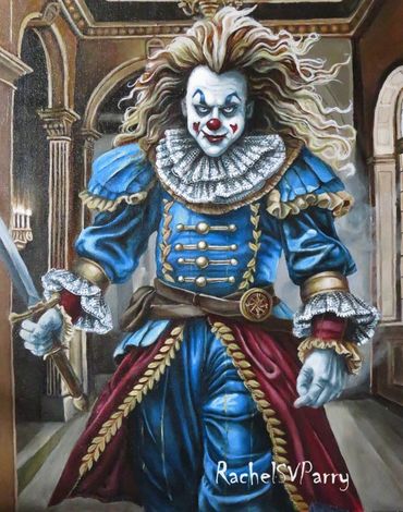 A threatening clown approaches holding a sword.