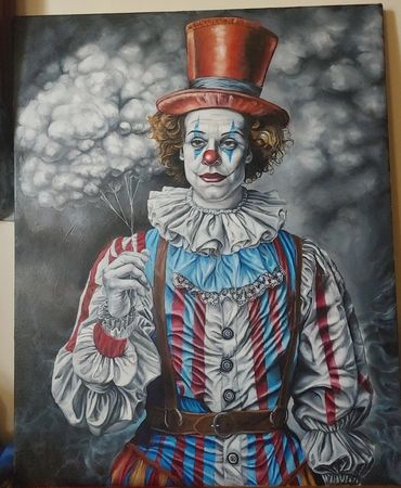 A pensive clown in a striped outfit with ruff and red tophat gingerly holds a tuft of clouds as ball