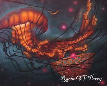 A glowing jellyfish catching pink stars out of the sky and storing them in its basket.