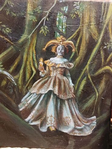 A regal clown lady walks in the deep woods holding her own light\