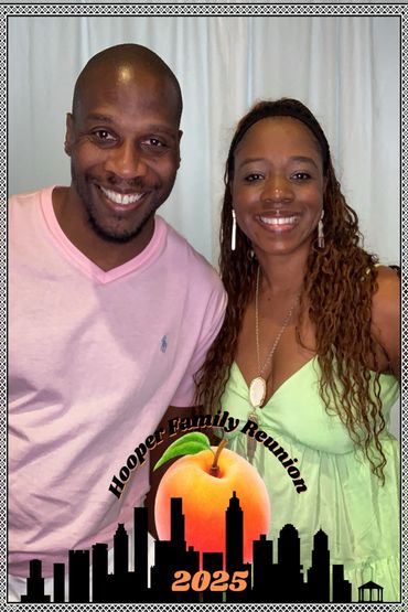 Smiling couple at the 2025 Hooper Family Reunion with peach and city skyline graphics.