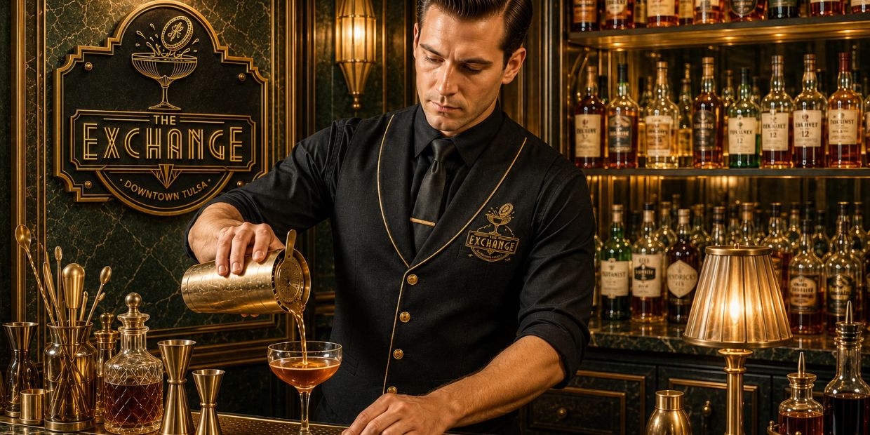Bartender pouring cocktail at The Exchange bar.