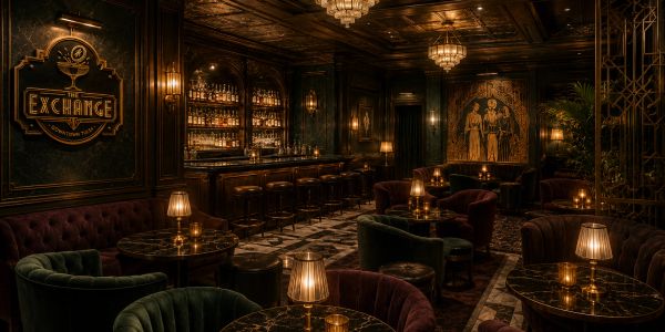 Dimly lit vintage bar with elegant seating and warm lighting.