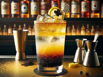 Layered cocktail with lemon garnish and ice cubes.