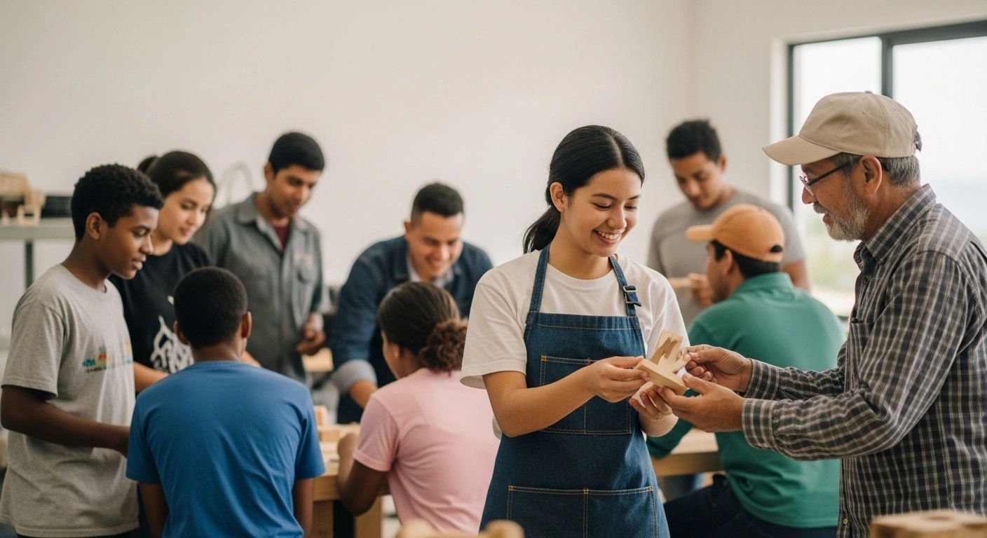 An experienced mentor guides a diverse group of young students in a trade school workshop, fostering community and hands-on learning.