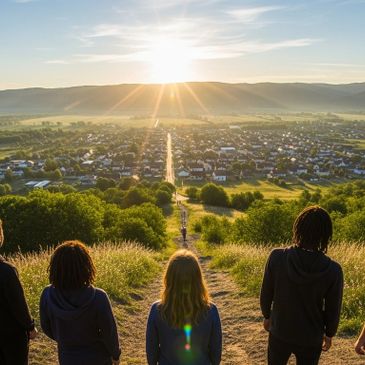 A group of young people watch the sunrise over their small town from a scenic overlook.