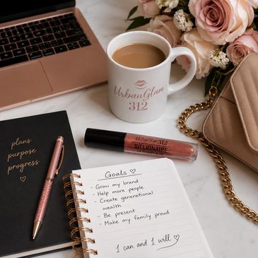Desk setup with coffee, planner, makeup, and goals notebook.