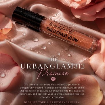 UrbanGlam312 Gold Coast Glow Lip Therapy Gloss on satin with rose petals.