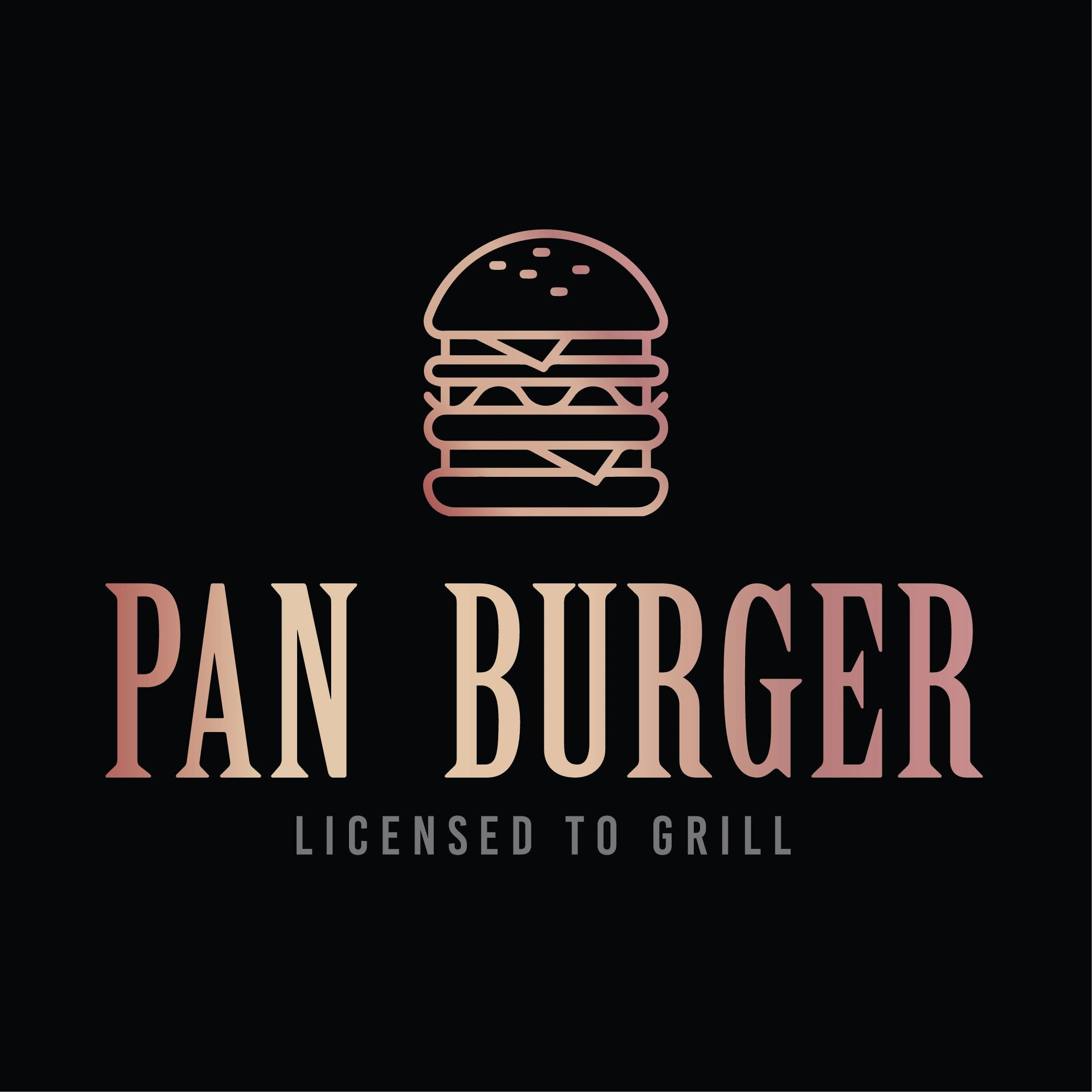 Elegant logo of Pan Burger with a burger icon and tagline 'Licensed to Grill'.
