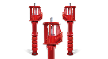Bright red vertical turbine centrifugal fire pump.