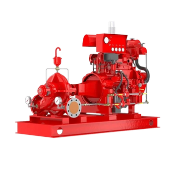 Bright red split-case centrifugal fire pump.