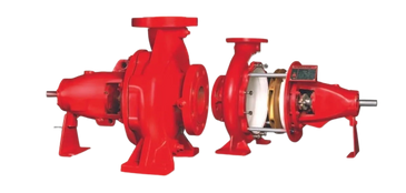 A vibrant red centrifugal fire pump with suction nozzle.
