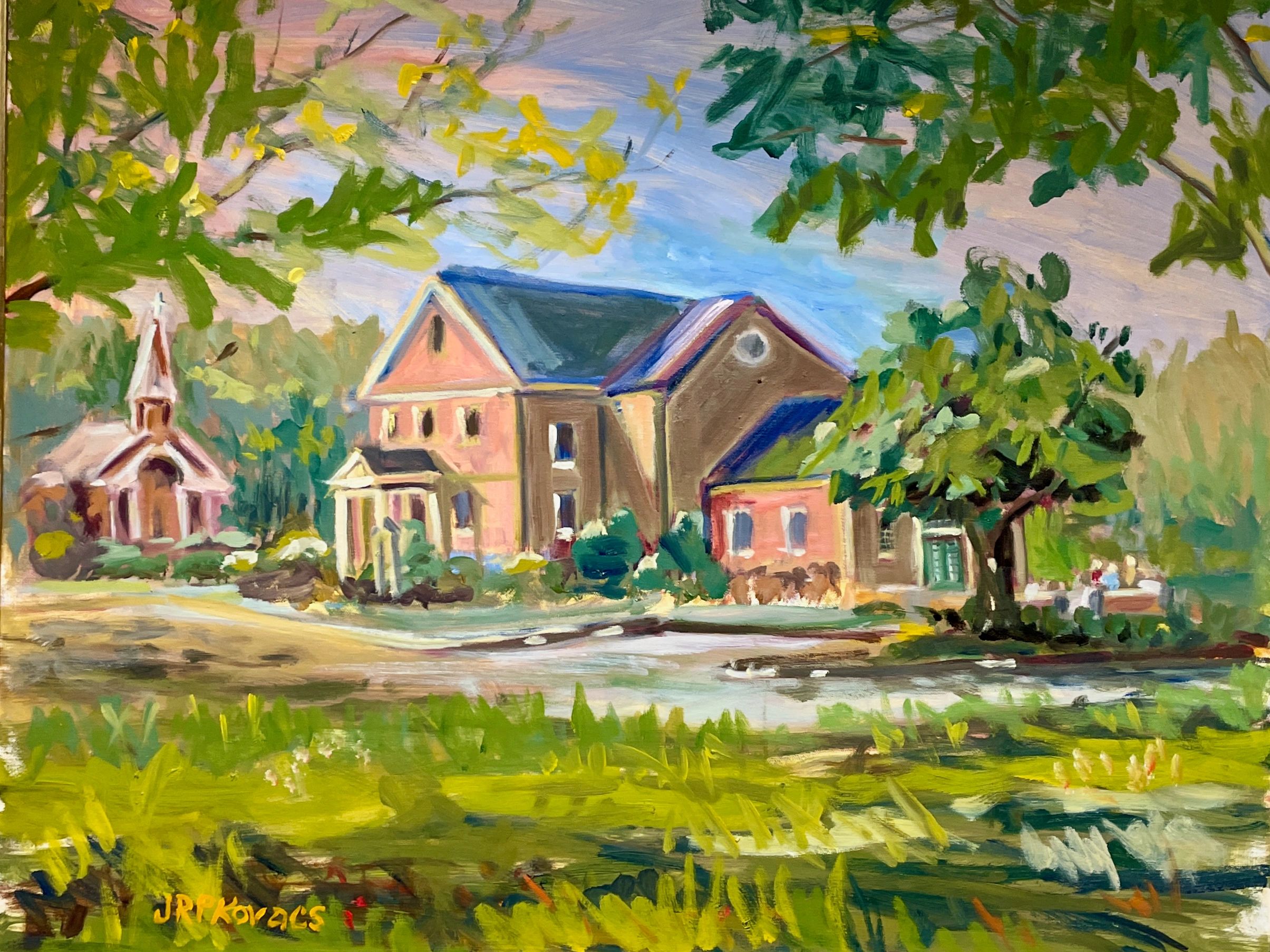Impressionist painting of a quaint church and house surrounded by lush greenery.