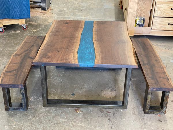 Walnut picnic style table and benches set