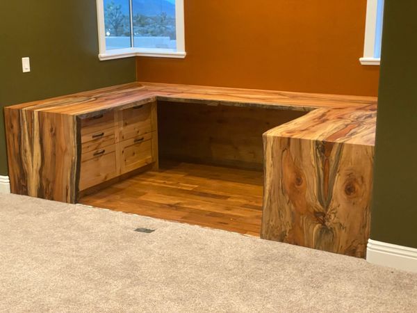 whole log, splated sycamore, book matched, double waterfall, live edge desk with copper accents