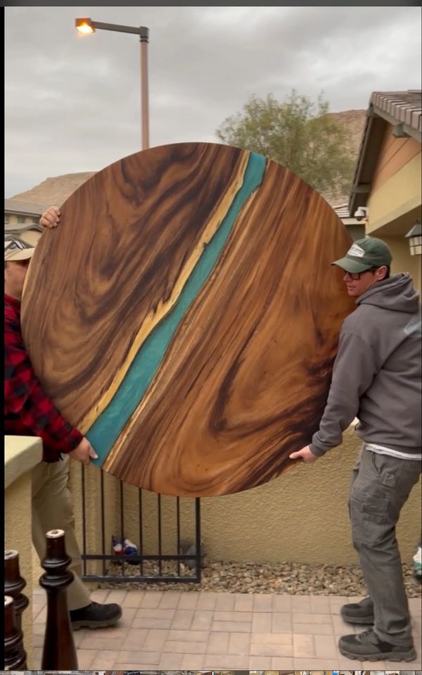 Rain tree round  table with carribean blue epoxy river