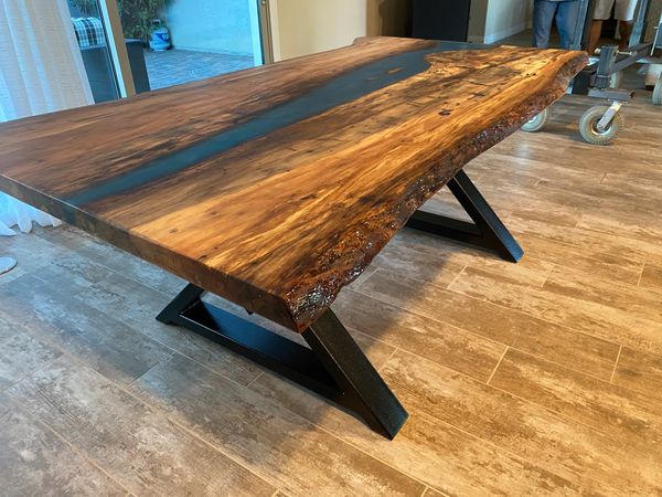 46x90 super spalted sycamore live edge table with blue accent