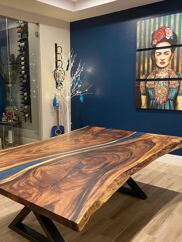 Rain tree table with dark turquoise epoxy river