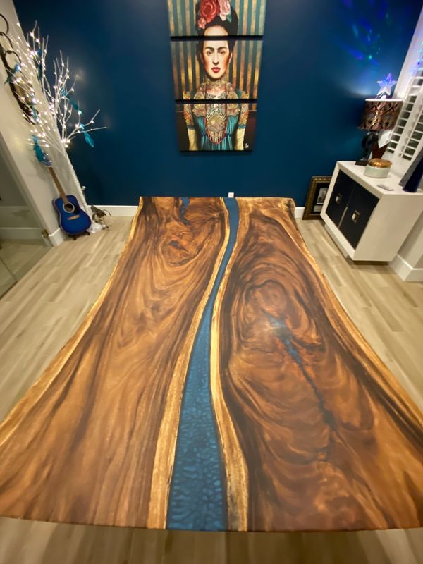 Rain tree table with dark turquoise epoxy river