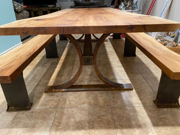 sycamore live edge table and bench with custom base