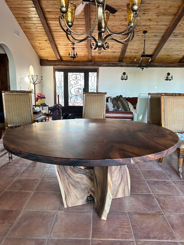 60" Round rain tree table with wooden live edge base