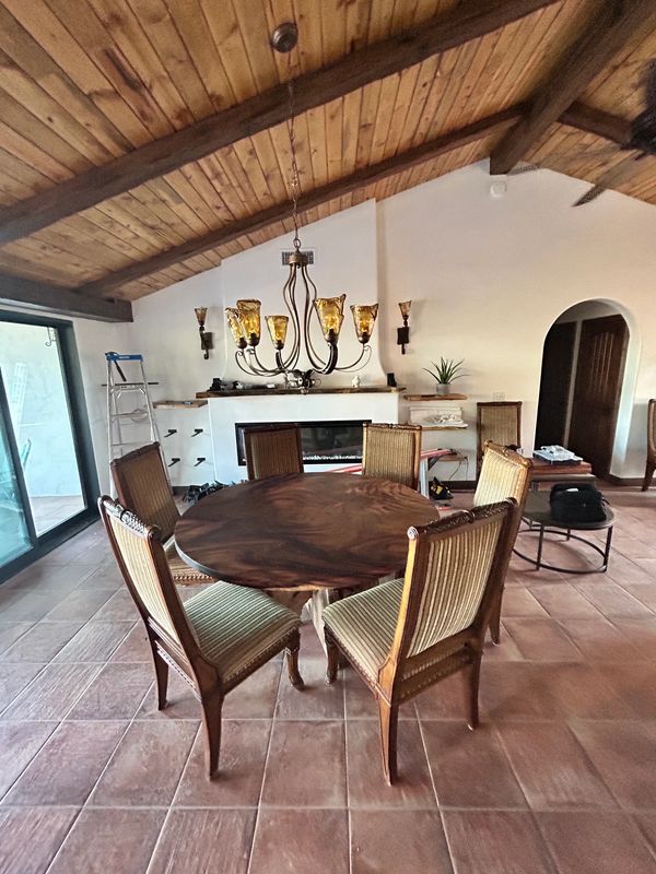 60" Round rain tree table with wooden live edge base