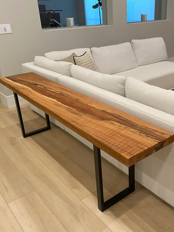 88" red oak sofa table with copper epoxy