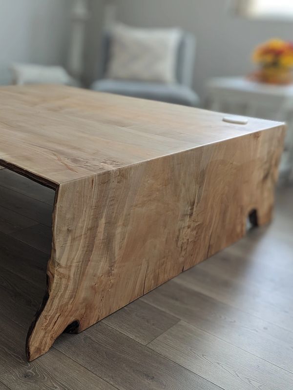 54"x54" beautiful bookmatched ambrosia maple live edge coffee table with a double waterfall