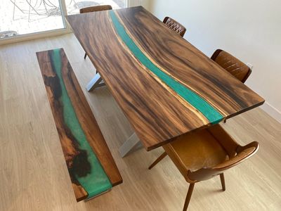 Raintree straight edge table with teal epoxy river and matching bench