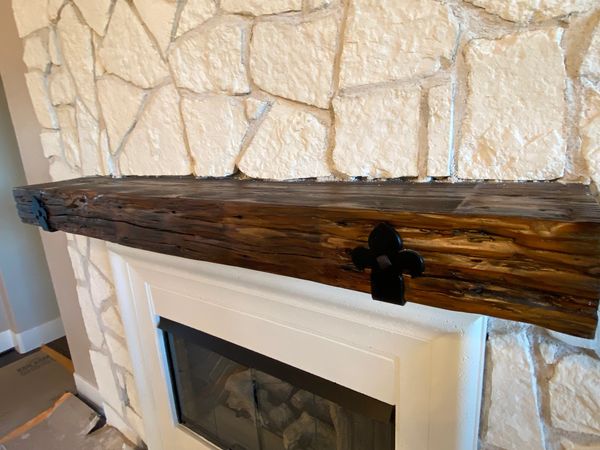 Reclaimed redwood beam mantel