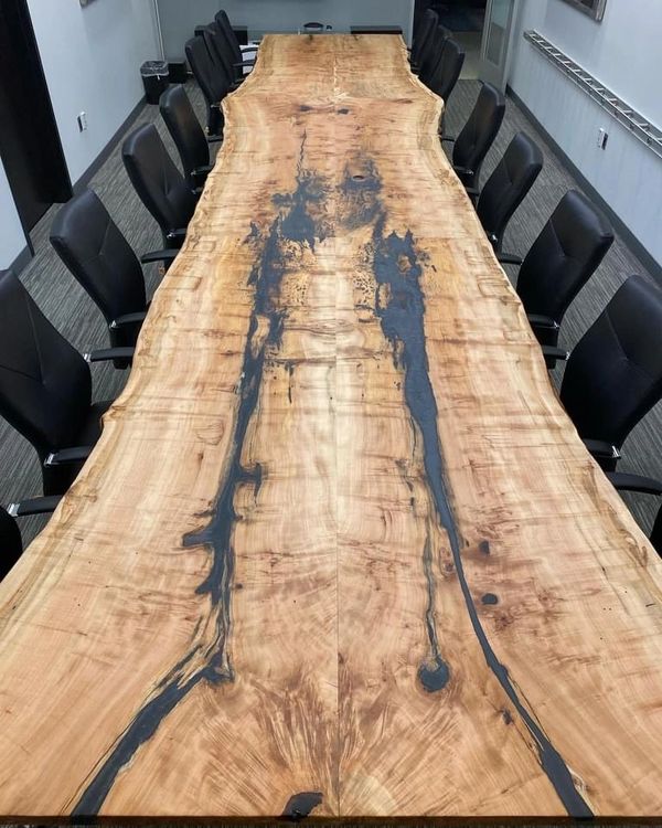 very large 56-80”x 24 ft consecutive bookmatched whole Birds Eye figured maple log conference table