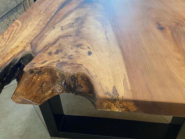 Figured maple crotch full slab coffee table