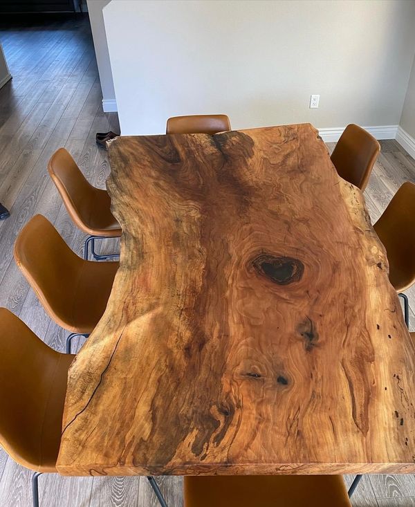 Spalted Sycamore full slab live edge dining table with charcoal accents