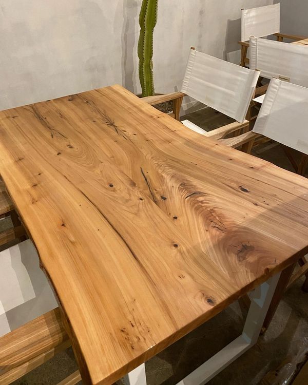 American Elm book matched dining table  with copper