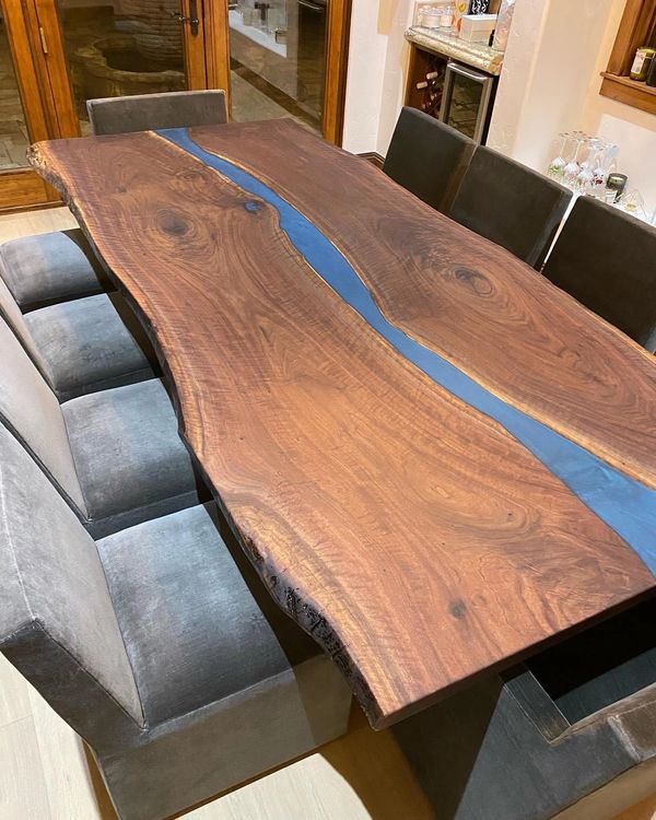 Walnut live edge table with blue accents