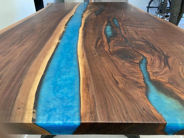Walnut live edge table withCaribbean blue