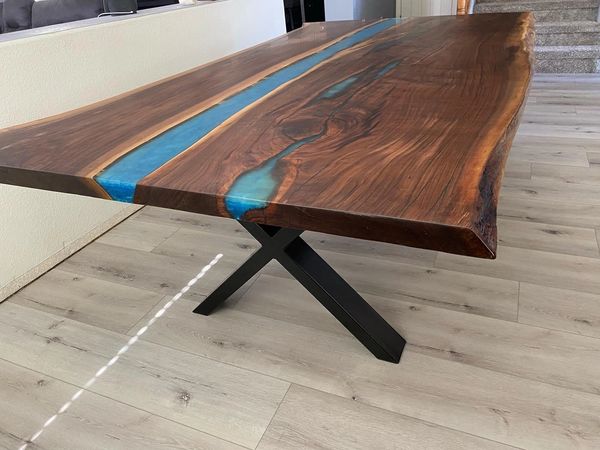 walnut live edge table with Caribbean blue