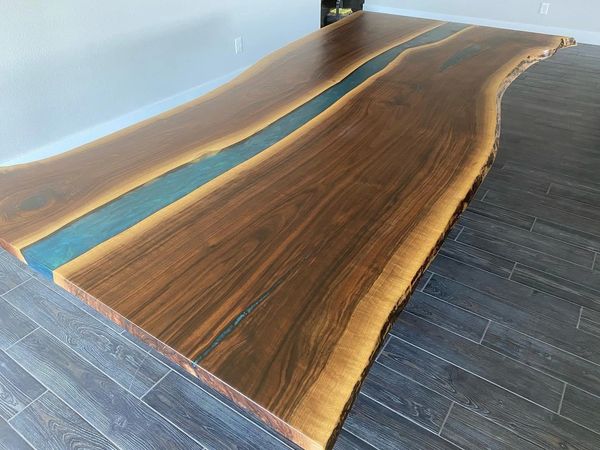 Walnut table with dark Turquoise