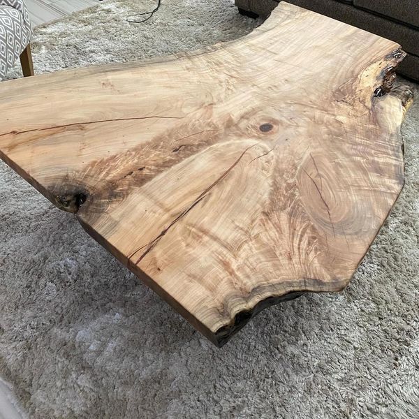 Figured maple crotch full slab coffee table