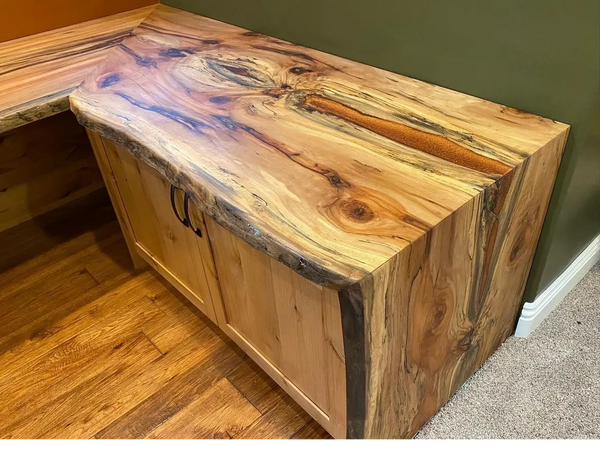 whole log, splated sycamore, book matched, double waterfall, live edge desk with copper accents
